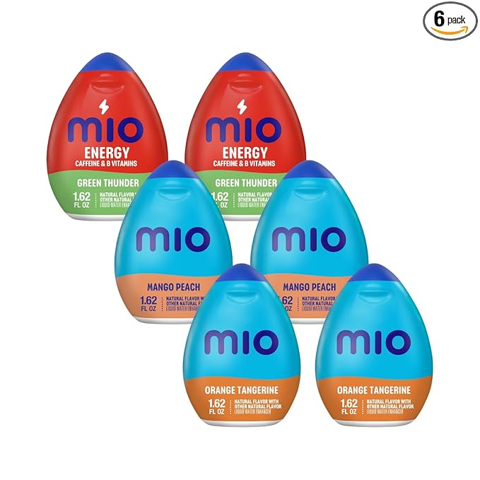 Mio Water Enhancement Variety Pack Includes 2 Green Thunder 2 Orange Tangerine and 2 Mango Peach 1.62 Fl Oz each (Pack of 6)
