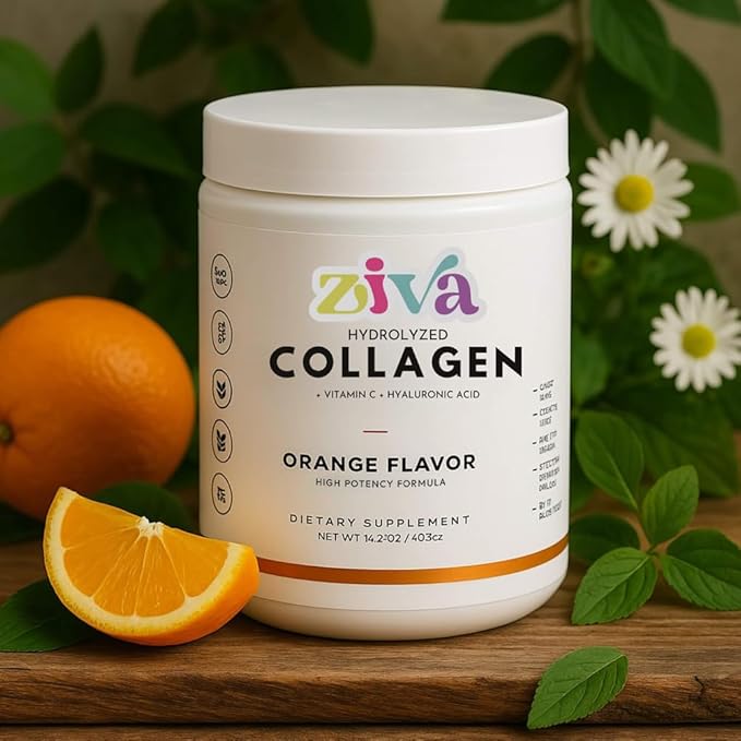 ZIVA Hydrolyzed Collagen – Orange Flavor | with Vitamin C &amp Hyaluronic Acid | High Potency | Dairy-Free Gluten-Free