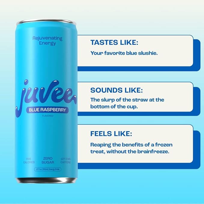 Watermelon Lime &amp Blue Raspberry Juvee Rejuvenating Energy Drink – 12 oz Cans 12-Pack Each – Sugar Free 127–128mg Natural Caffeine per Can Zero Sugar Low Calorie Clean Energy &amp Mental Foc