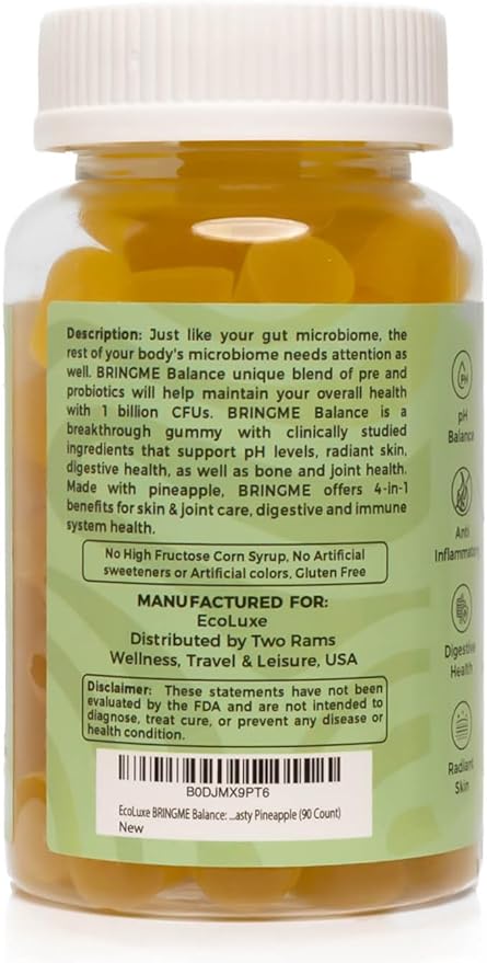 BRINGME Balance Pre &amp Probiotic Gummies – Pineapple Collagen Pre &amp Prebiotics for pH Balance Gut &amp Skin Health Digestive Wellness and Natural Odor Control – Low Sugar 90 Count