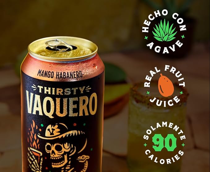 Thirsty Vaquero Mango Habanero Flavored soda (Mango Muerte) Mexican-inspired soda Real Fruit Juice &amp Savory Spices Made with Organic Agave Low Calorie Natural Juice 16 oz Cans 12-Pack