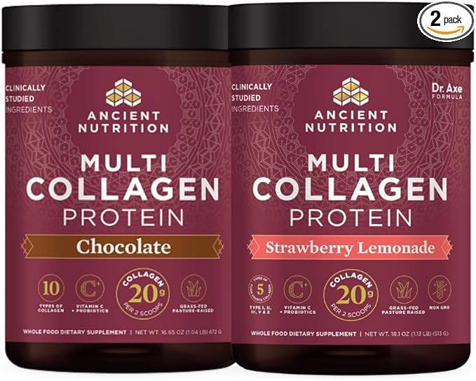 Ancient Nutrition Multi Collagen Peptides Protein Powder Chocolate 40 Servings + Multi Collagen Peptides Protein Powder Strawberry Lemonade 45 Servings