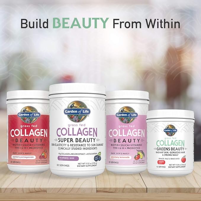 Garden of Life Grass Fed Collagen Greens Beauty Powder - Apple 14 Servings Powder for Women Skin Hair Nails Joints Collagen Peptides Powder + Protein + Greens Supplement