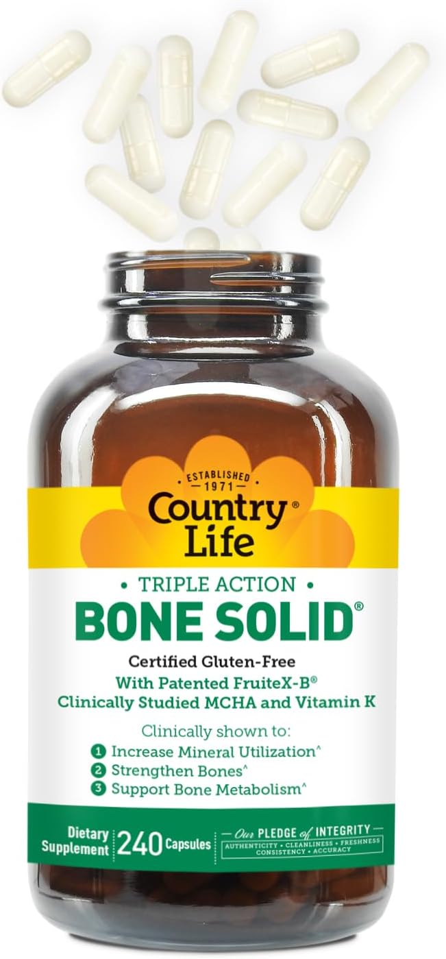 Country Life Bone Solid - Bone Health Supplement with Microcrystalline Hydroxyapatite (MCHA) Calcium Magnesium Zinc Vitamins K2 &amp D3 for Enhanced Bone Strength &amp Metabolism - 240 Capsules