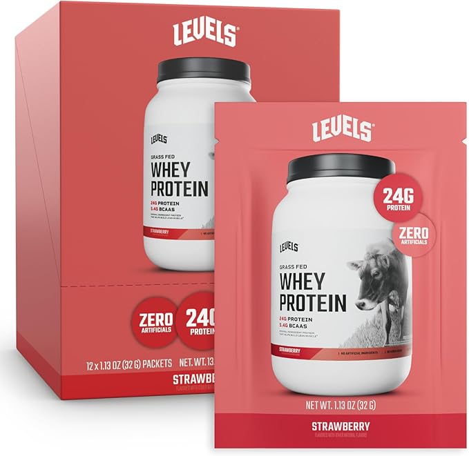 Levels Grass Fed Whey Protein Powder No Artificials 24G of Protein Strawberry 12 Count