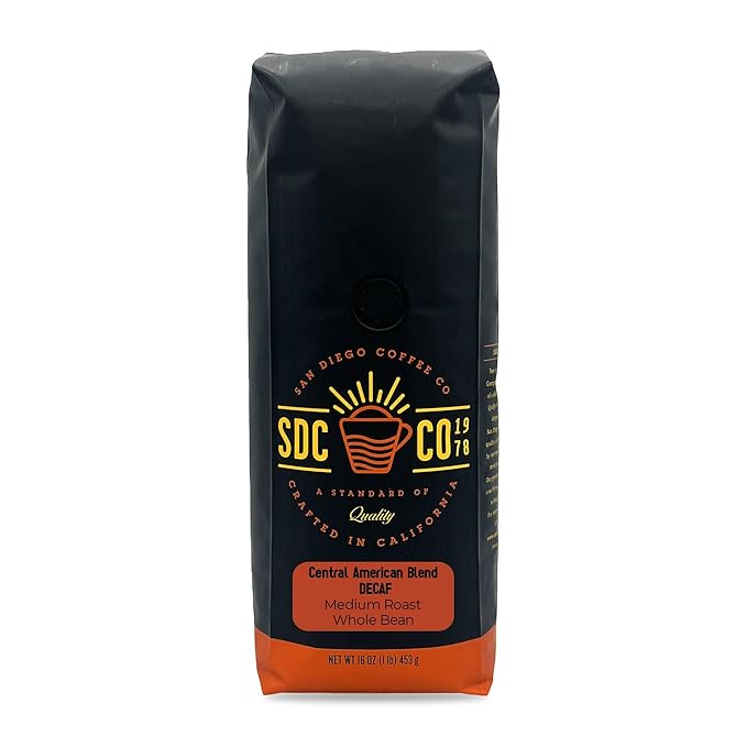San Diego Coffee DECAF Central American Blend Medium Roast Whole Bean Coffee 16-Ounce Bag Café en grano tostado descafeinado