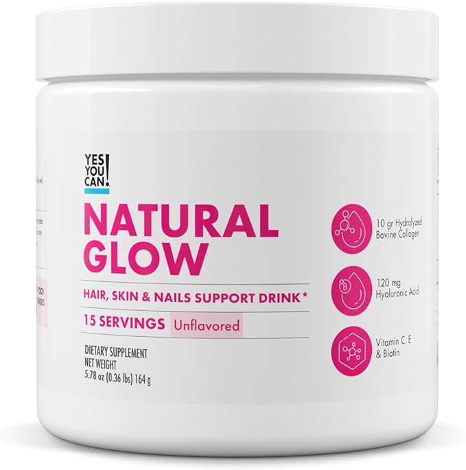 Yes You Can! Natural Glow Beauty Collagen Powder – 10g Hydrolyzed Collagen with Biotin Hyaluronic Acid Vitamins C &amp E – Skin Hair &amp Nail Support – 15 Servings (Unflavored)