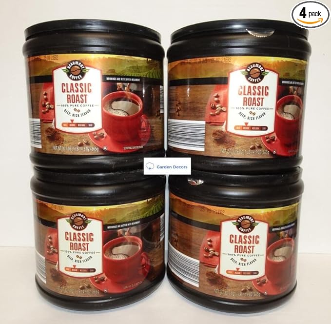 Ground Beaumont Coffee Classic Medium Roast 100% Pure Coffee Deep Rich Flavor 30.5oz 865g (Four Tubs)