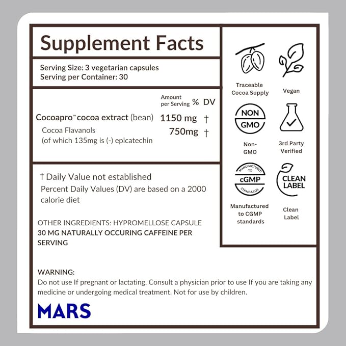 CocoaVia Ultra 750mg Cocoa Flavanols – Heart &amp Brain Support Memory &amp Blood Circulation Booster High Flavanol Cocoa for Nitric Oxide Energy &amp Oxygen Boost Vegan Gluten-Free 60-Day Su