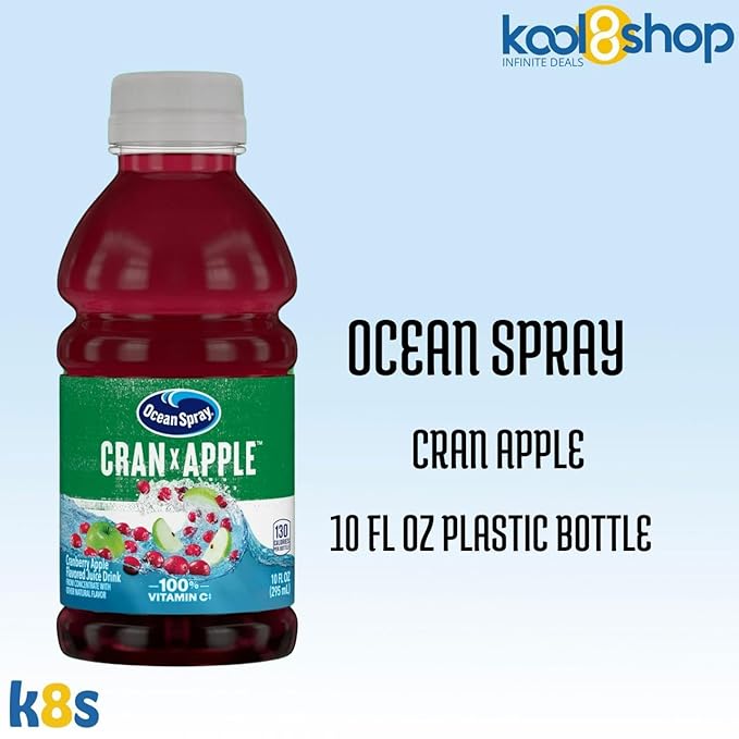 Ocean Spray Cran Apple Fruit Juice Drink 10 fl oz Plastic Bottles 24 Pack + 2 Reusable Snack Bags by KOOL8SHOP Infinite Deals