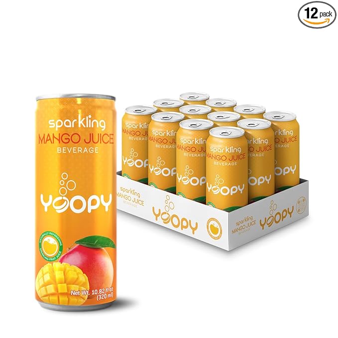 Yoopy Sparkling Mango Juice – 12-Pack (10.82 fl oz Cans) – 55% Mango Juice – No Added Sugar – Natural Hydration with Tropical Flavor – Ideal for Refreshing Moments