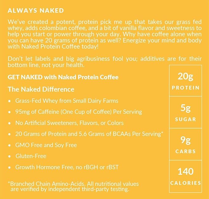 NAKED Vanilla Latte Protein Coffee - Premium Colombian Iced Coffee Protein Shake Drink Delicious Keto Friendly and Gluten Free 17 Servings