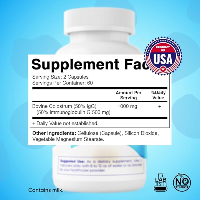 Vitamatic Bovine Colostrum Supplement 1000 mg per Serving - 50% Highest IgG - Supplement for Gut Health Hair Growth Beauty Muscle Recovery &amp Immune Support - 120 Capsules