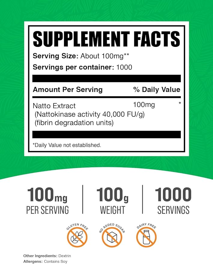 BulkSupplements.com Nattokinase Powder - Natto Powder Nattokinase Supplement Nattokinase 4000 FU - Sourced from Natto Extract 100mg per Serving 100g (3.5 oz) (Pack of 1)