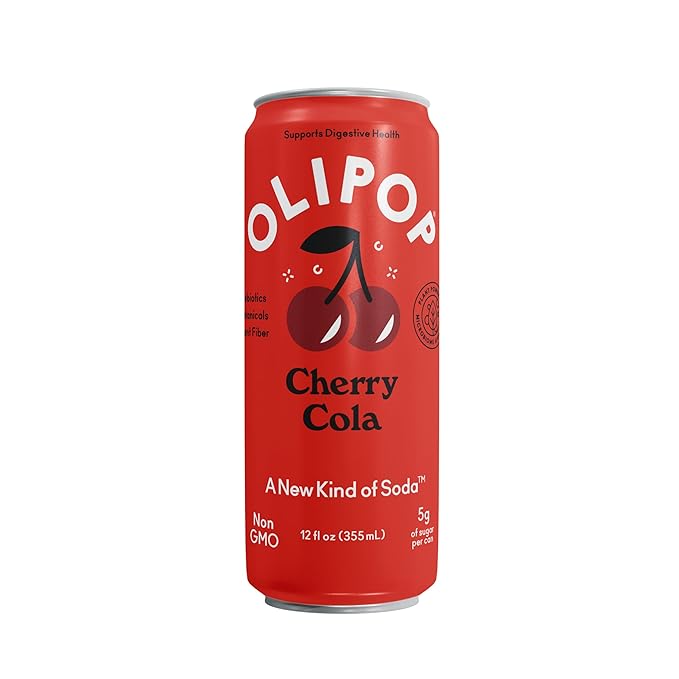 OLIPOP Prebiotic Soda Pop Cherry Cola Pantry Pack Packed with Prebiotics Fiber and Botanicals Gluten Free GMO Free 12oz Skinny (12-Cans)