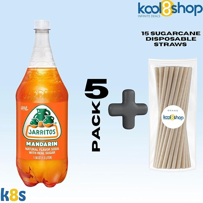 Jarritos Mandarin Mexican Soft Soda Drink 1.5 Lt Plastic Bottles 5 Pack + 15 Sugarcane Disposable Straws by KOOL8SHOP Infinite Deals
