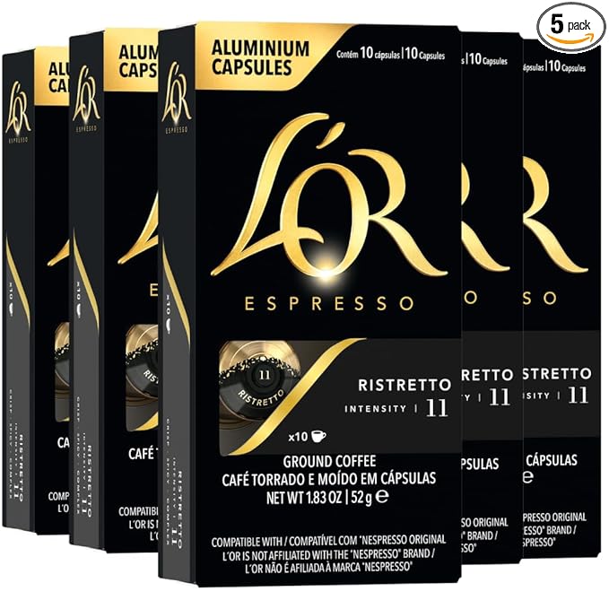 L'OR Espresso Capsules 50 Count Ristretto Single-Serve Aluminum Coffee Capsules Compatible with the L'OR BARISTA System &amp *Nespresso Original Machines 50 Count (Pack of 5)