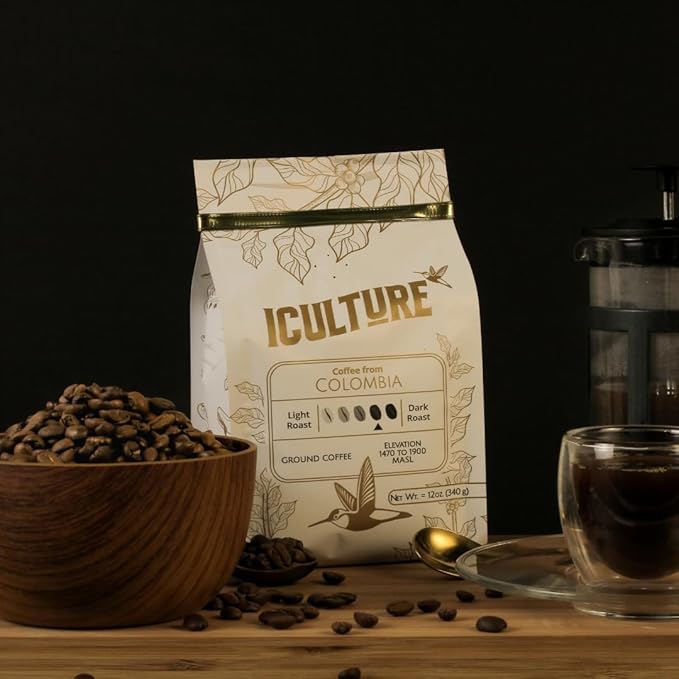 ICULTURE Colombia Ground Coffee 12 oz (340 g) | Medium-Dark Roast | Chocolate Cacao &amp Caramel Notes | Washed Arabica from Huila | Castillo Caturra &amp Colombia Varieties