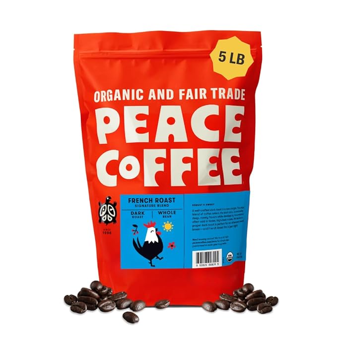 Peace Coffee French Roast Whole Bean Coffee Dark Roast 5 lb Organic Fair Trade Nutty Bold Flavor Shade Grown Fresh Roasted