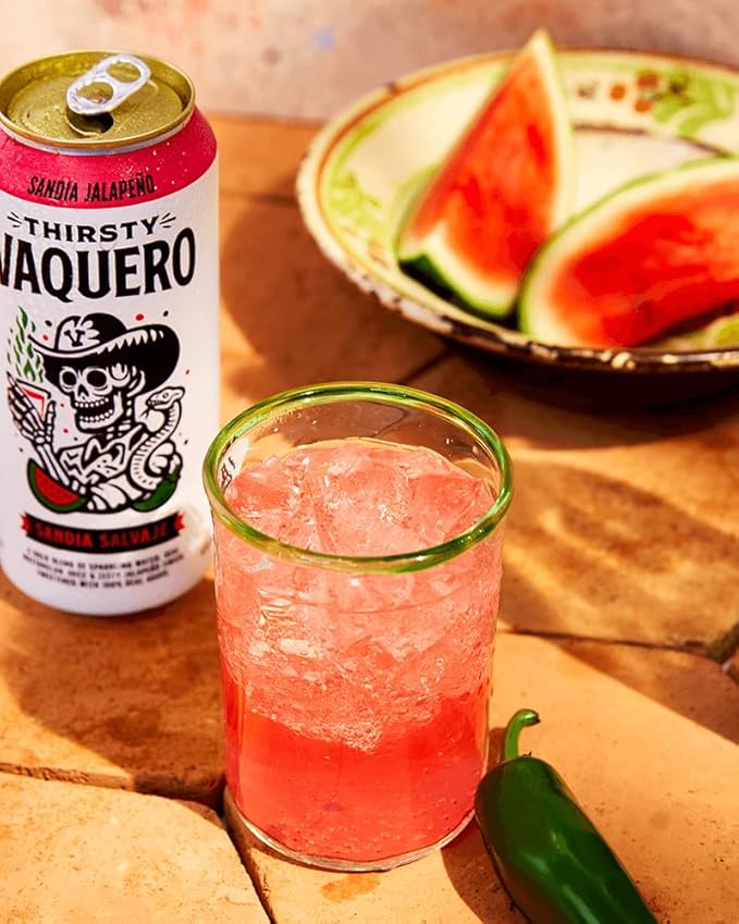 Thirsty Vaquero Watermelon Jalapeño Flavored soda (Sandia Salvaje) Mexican-inspired soda Real Fruit Juice &amp Savory Spices Made with Organic Agave Low Calorie Natural Juice 16 oz Cans 12-Pa
