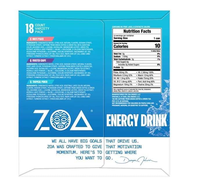 ZOA Zero Sugar Energy Drink Variety Pack 18 12 oz cans White Peach Tropical Punch Frosted Grape