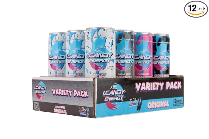 I.CANDY Energy Drink Variety Pack Original Cotton Candy Sugar Free 12 Fl Oz Cans Natural Caffeine with B3 B6 B12 Vitamins Bold Flavor No Crash Beverage