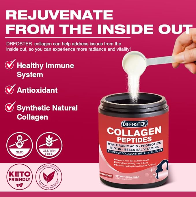DRFOSTER Multi Collagen Peptides Powder with Probiotics - Type I II III V X Hydrolyzed Collagen Peptides with Multivitamins Hyaluronic Acid &amp Biotin - Support Skin Hair Nail Joints &amp Gut 35