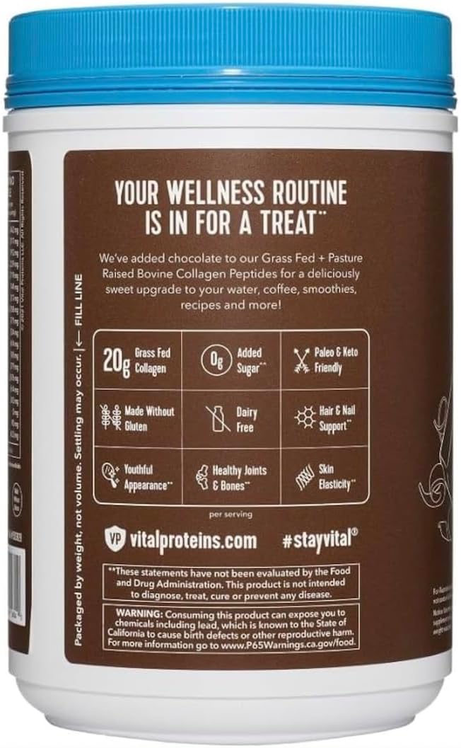 Vital Collagen Protein Peptides Pasture Raised Grass Fed Zero Sugar Dairy Free Chocolate 32 OZ 2 Pack