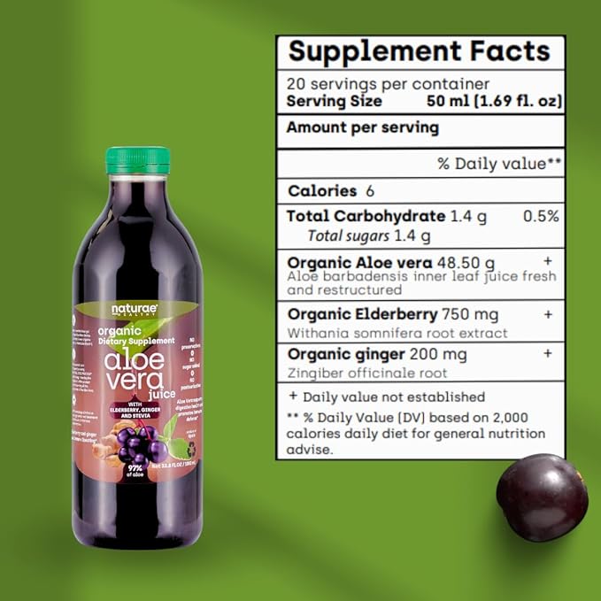 naturae Healthy Aloe Vera Juice – Natural Digestive Health &amp Immune Support – with Elderberry Ginger &amp Stevia – Promotes Stomach Balance &amp Regularity – 33.8 fl oz