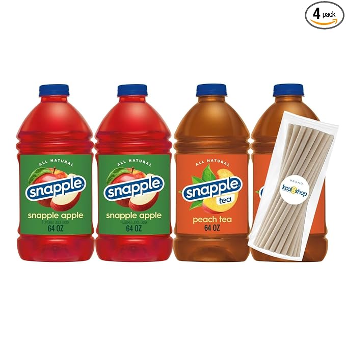 Snapple Variety Pack All Natural Fruit Juice 64 fl oz Plastic Bottle 4 Pack + 15 Sugarcane Disposable Straws by KOOL8SHOP Infinite Deals