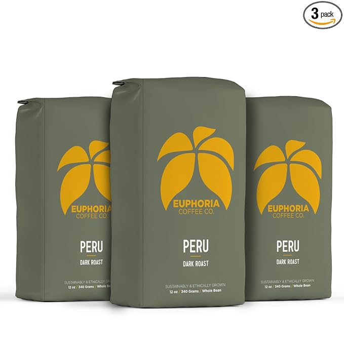 EUPHORIA COFFEE CO. Peru Whole Bean Coffee - Dark Roast | 12oz Bag (3 Pack)