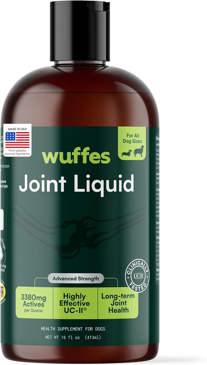 Wuffes Advanced Joint Liquid for Dogs Hip &amp Joint Support Supplement with Glucosamine Chondroitin UC-II® Collagen and MSM for Small &amp Large Breeds 16 Oz
