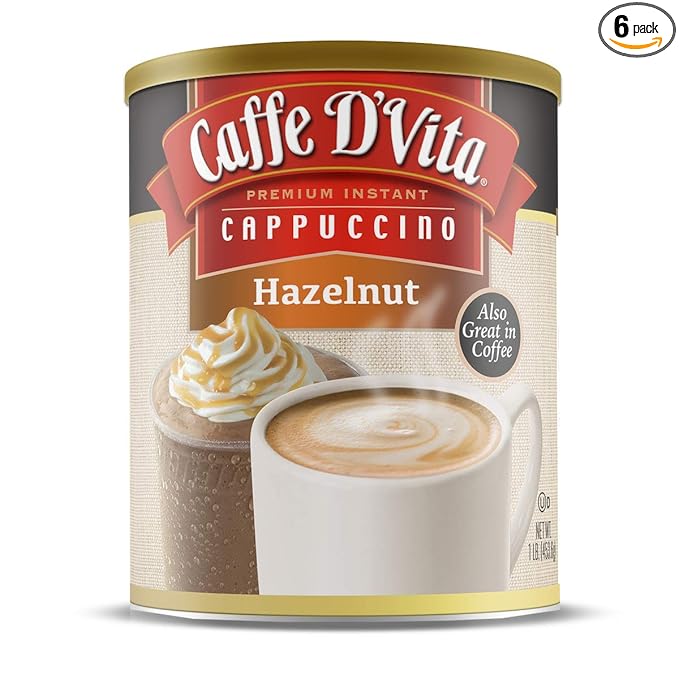 Caffe D'Vita Hazelnut Cappuccino - Instant Coffee Powder Mix Gluten Free No Cholesterol No Hydrogenated Oils No Trans Fat 99% Caffeine Free - 16 Oz Can 6-Pack
