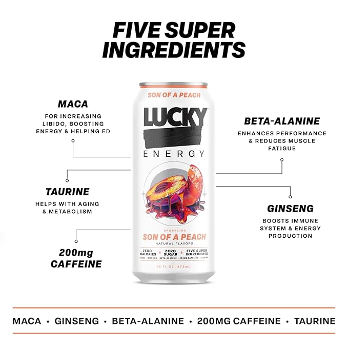 Lucky Energy Sugar Free Energy Drinks Son of a Peach 16oz Cans (12-Pack) Healthy Zero Sugar Energy Drink with Maca Ginseng Beta-Alanine Taurine &amp 200mg Caffeine