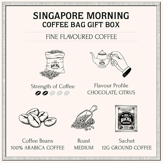 Bacha Coffee | Singapore Morning Fine Flavoured Medium Roast 100% Arabica Specialty Coffee 12 Coffee Drip Bags Gift Box