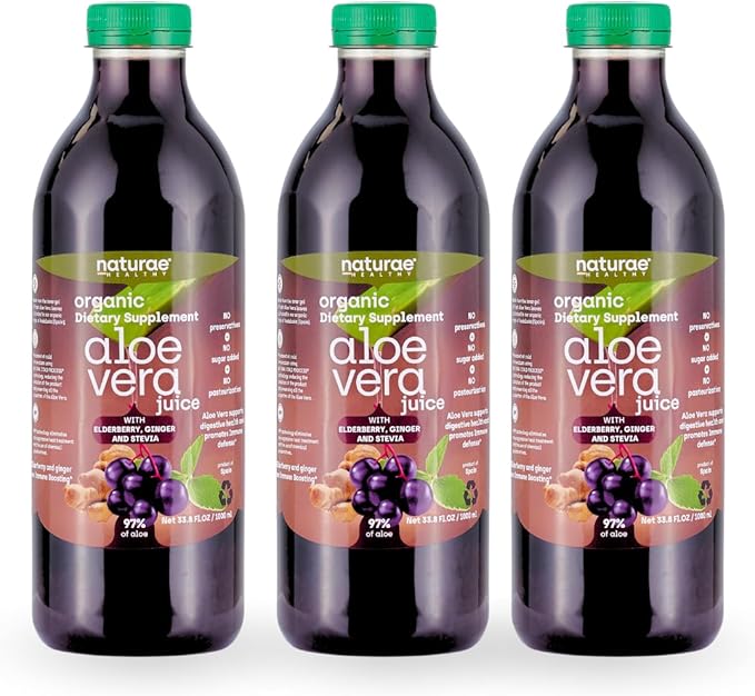 naturae Healthy Aloe Vera Juice – Natural Digestive Health &amp Immune Support – with Elderberry Ginger &amp Stevia – Promotes Stomach Balance &amp Regularity – 3 x 33.8 fl oz