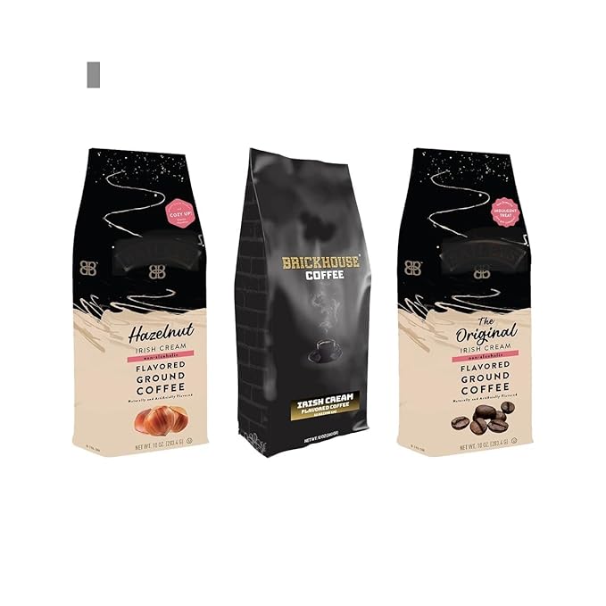 Irish Cream Ground Coffee Bundle 32oz - Includes Brickhouse Irish Cream 12oz Hazelnut 10oz and Original 10oz
