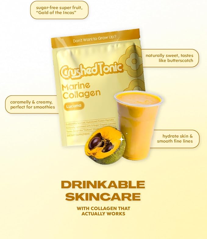 Crushed Tonic Korean Beauty Collagen Powder | Hydrolyzed Marine Collagen Peptides for Skin Glow Hair &amp Nails | K-Beauty Drink | Gluten-Free Halal &amp Kosher (Lucuma 30 Servings (150 g) Pouch