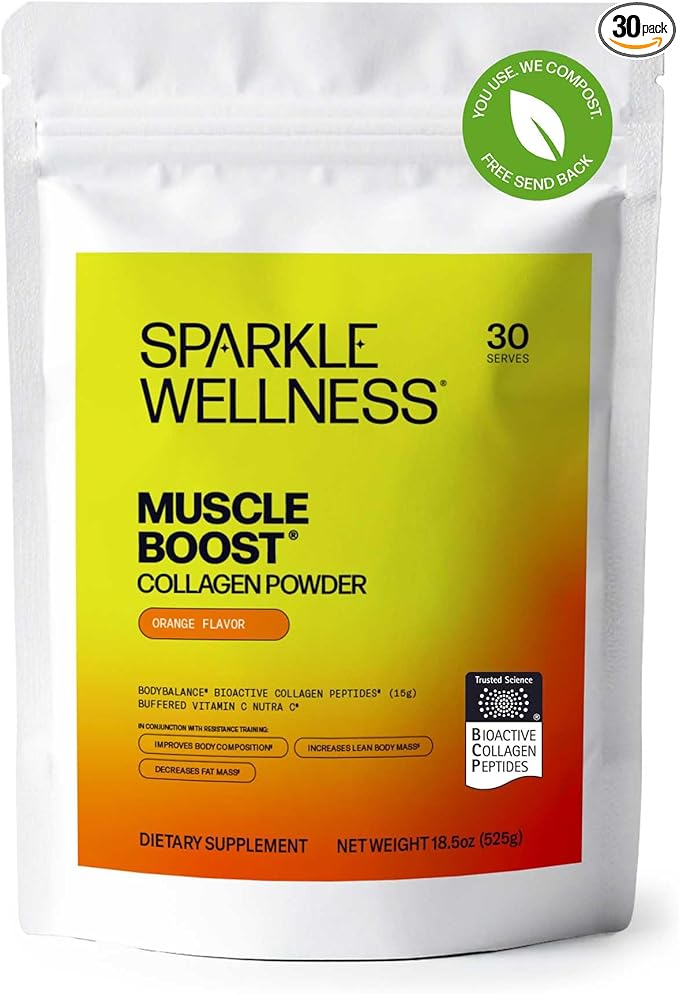Sparkle Wellness Muscle Boost (Orange) [30-Serves] | Collagen Supplement Powder with Hydrolyzed BODYBALANCE Collagen Peptides &amp Buffered Vitamin C | Improves Body Composition
