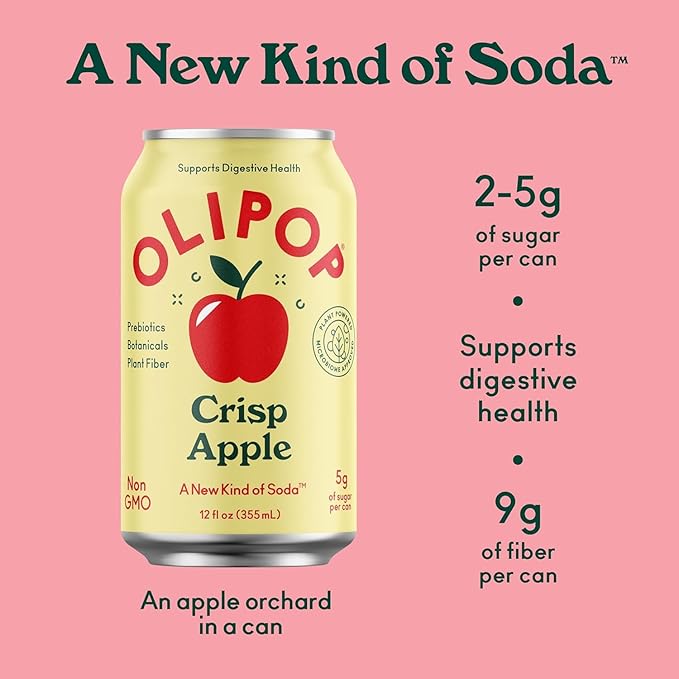 OLIPOP Prebiotic Soda Pop Crisp Apple A New Kind of Soda Packed with Prebiotics Fiber and Botanicals Gluten Free GMO Free 12oz (12-Cans)