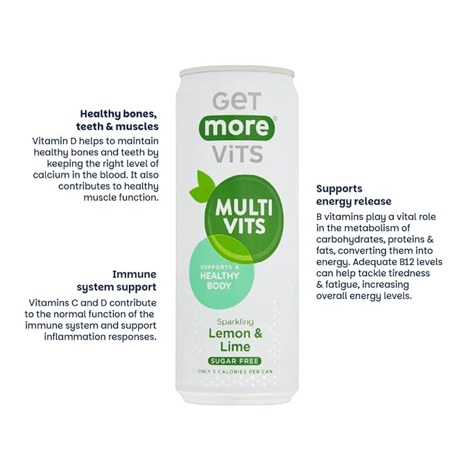 Get More Vits Multivitamin Sparkling Spring Water – Lemon &amp Lime 12 x 330ml Cans – Sugar-Free Low Calorie Vitamin Drink with 100% Daily Dose of Vitamin D B-Vitamins &amp Vitamin C