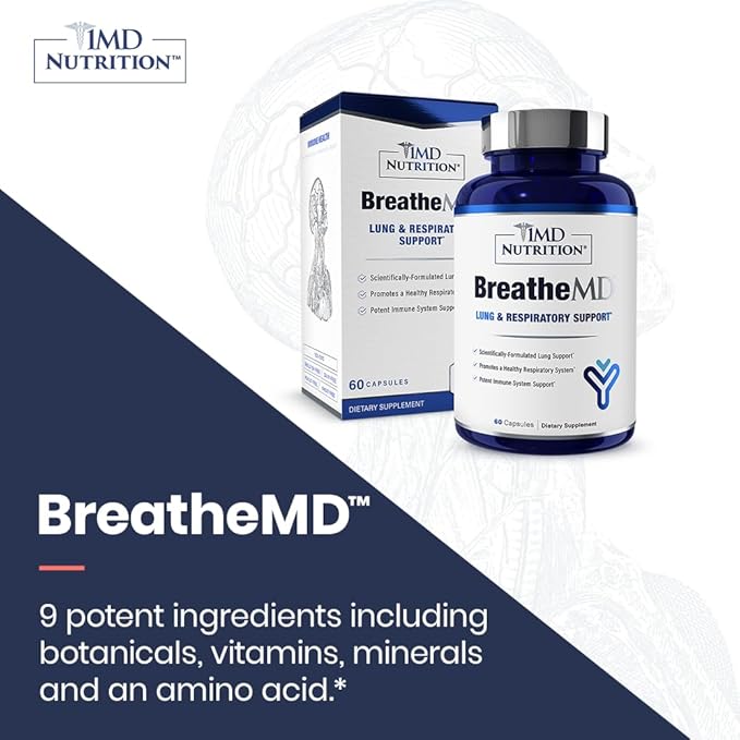 1MD Nutrition BreatheMD | Lung and Respiratory Support Supplement | Promotes a Healthy Immune System | with Elderberry Chromium and NAC | 60 Ct.