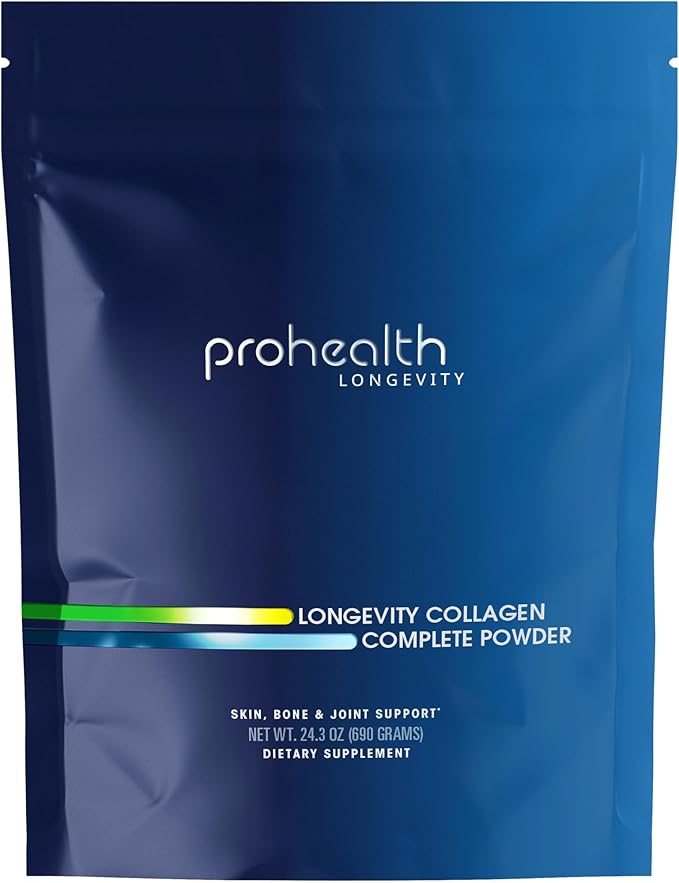 ProHealth Longevity Collagen Complete Powder - for People Over 40. 20g Multi Collagen. Hyaluronic Acid. for Joints Bones Hair Skin Muscles Gut - 30 Servings