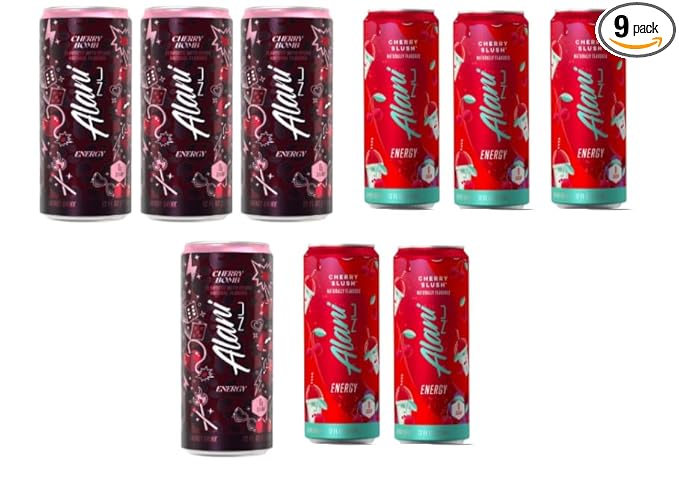 Alani energy drink Cherry Slush &amp Cherry Bomb variety pack (9 Cans) - Sugar Free Low Calorie Energy Drinks - Pre Workout Performance Zero Sugar 12 Fl Oz Cans