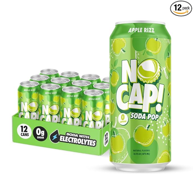 NO CAP! Next Gen Soda Pop with Zero Sugar Zero Calories and Electrolytes for Hydration Naturally Flavored Caffeine-Free Soda Vegan &amp Gluten-Free 16 oz Cans (Apple Rizz)