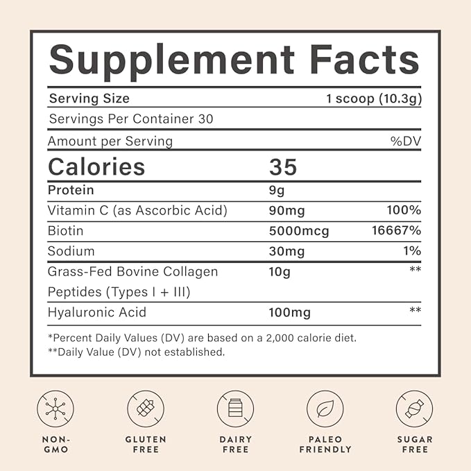 Beam Collagen Powder Collagen for Women Collagen with Hyaluronic Acid Collagen Peptides Type 1 and 3 with Biotin Grass Fed Bovine Third-Party Tested Best for Coffee Vitamin C 30 Servings