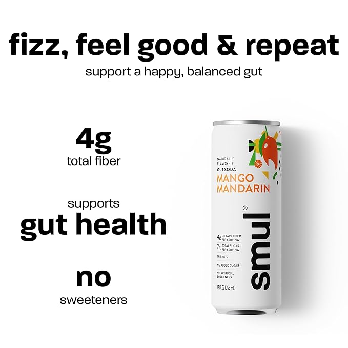 smul – Healthy Gut Soda – Mango Mandarin – Real Fruit Juice – Sparkling Healthy Drink – Only 7g Sugar &amp 30 Calories – No Artificial Sweeteners – Gluten-Free – 12 fl oz – 12 Pack