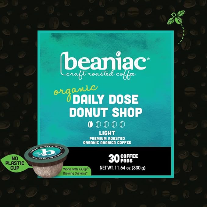beaniac Organic Daily Dose Donut Shop Light Roast Single Serve Compostable K Cup Coffee Pods Organic Arabica Coffee Keurig Brewer Compatible 30 Count