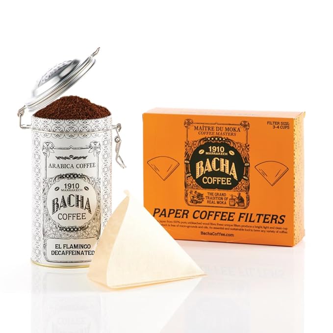 Bacha Coffee | El Flamingo Single Origin Decaffeinated Coffee Autograph Collection 100% Arabica Specialty Coffee Ground Beans Medium Dark Roast &amp Paper Filters Large. 100 pcs. 3-4 Cups