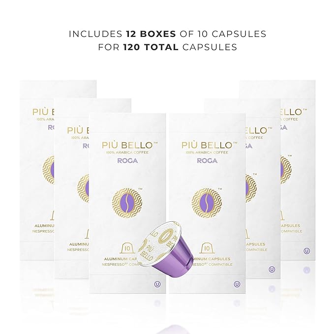 Piu Bello Coffee Pods - Nespresso Machine (Original) Compatible Capsules Pack - Rich &amp Balanced Taste - Strong Italian Espresso Flavored - Kosher Certified (120 Count Single Flavor) (Roga)